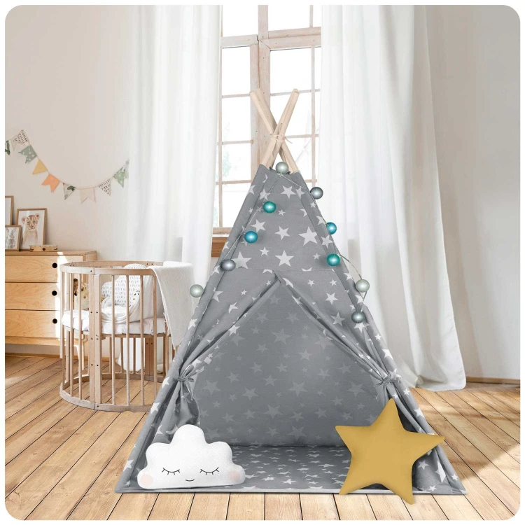 Indiański Namiot Tipi dla Dzieci Nukido – Bawełniany Wigwam z Wszytą Podłogą i Akcesoriami 120 x 120 x 165 cm- szary w gwiazdki