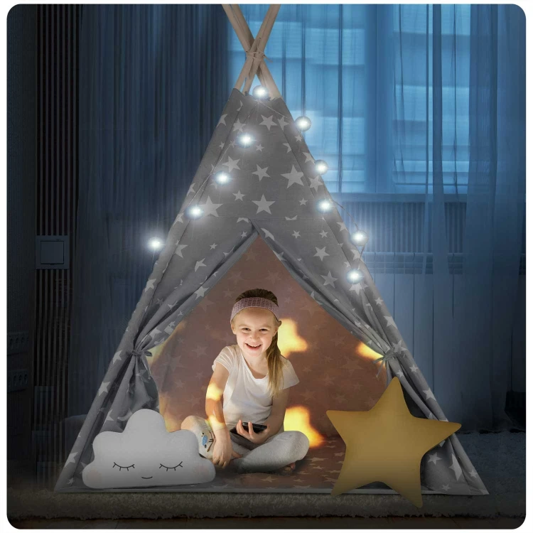 Indiański Namiot Tipi dla Dzieci Nukido – Bawełniany Wigwam z Wszytą Podłogą i Akcesoriami 120 x 120 x 165 cm- szary w gwiazdki