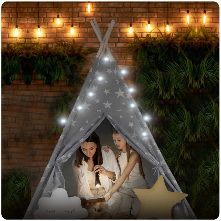 Indiański Namiot Tipi dla Dzieci Nukido – Bawełniany Wigwam z Wszytą Podłogą i Akcesoriami 120 x 120 x 165 cm- szary w gwiazdki