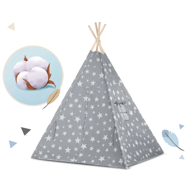 Indiański Namiot Tipi dla Dzieci Nukido – Bawełniany Wigwam z Wszytą Podłogą i Akcesoriami 120 x 120 x 165 cm- szary w gwiazdki