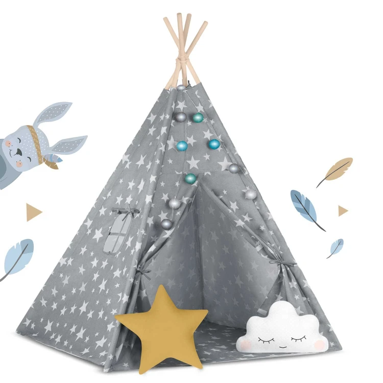Indiański Namiot Tipi dla Dzieci Nukido – Bawełniany Wigwam z Wszytą Podłogą i Akcesoriami 120 x 120 x 165 cm- szary w gwiazdki