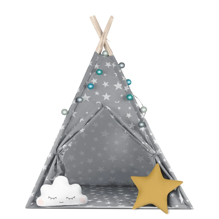 Indiański Namiot Tipi dla Dzieci Nukido – Bawełniany Wigwam z Wszytą Podłogą i Akcesoriami 120 x 120 x 165 cm- szary w gwiazdki