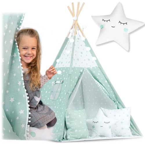 Indiański Namiot Tipi dla Dzieci – Bawełniany Wigwam z Matą i Akcesoriami 120 × 120 × 165 cm- miętowy w gwiazdki