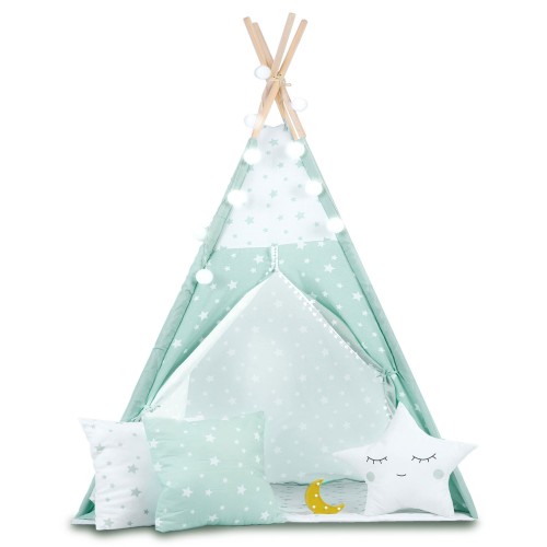 Indiański Namiot Tipi dla Dzieci – Bawełniany Wigwam z Matą i Akcesoriami 120 × 120 × 165 cm- miętowy w gwiazdki