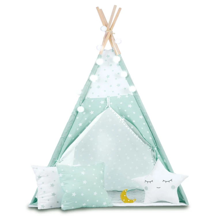 Indiański Namiot Tipi dla Dzieci – Bawełniany Wigwam z Matą i Akcesoriami 120 × 120 × 165 cm- miętowy w gwiazdki