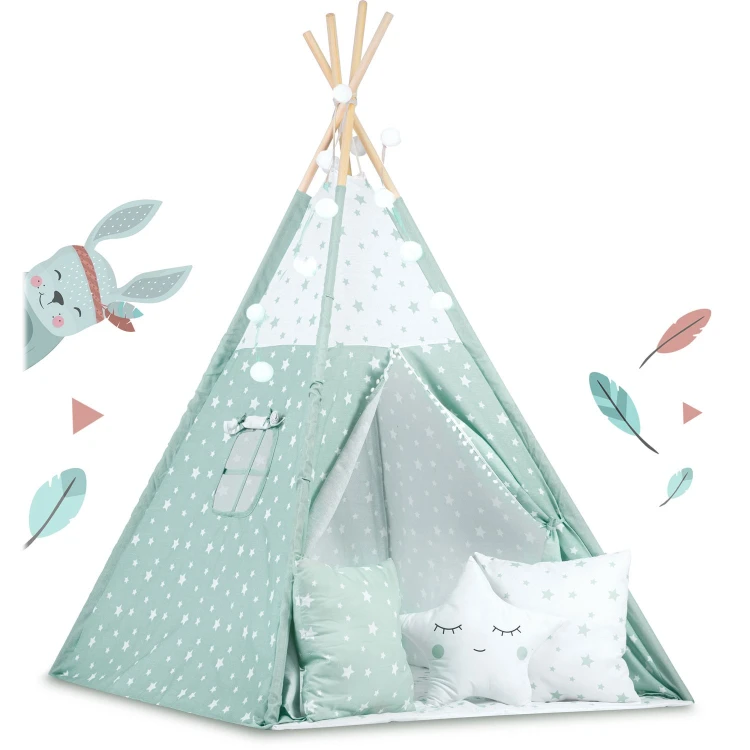 Indiański Namiot Tipi dla Dzieci – Bawełniany Wigwam z Matą i Akcesoriami 120 × 120 × 165 cm- miętowy w gwiazdki
