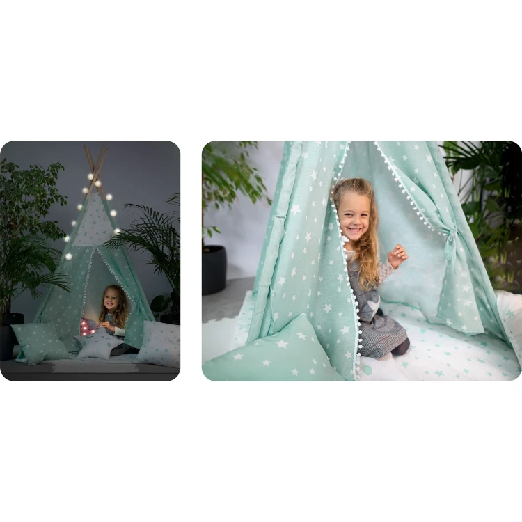 Indiański Namiot Tipi dla Dzieci – Bawełniany Wigwam z Matą i Akcesoriami 120 × 120 × 165 cm- miętowy w gwiazdki