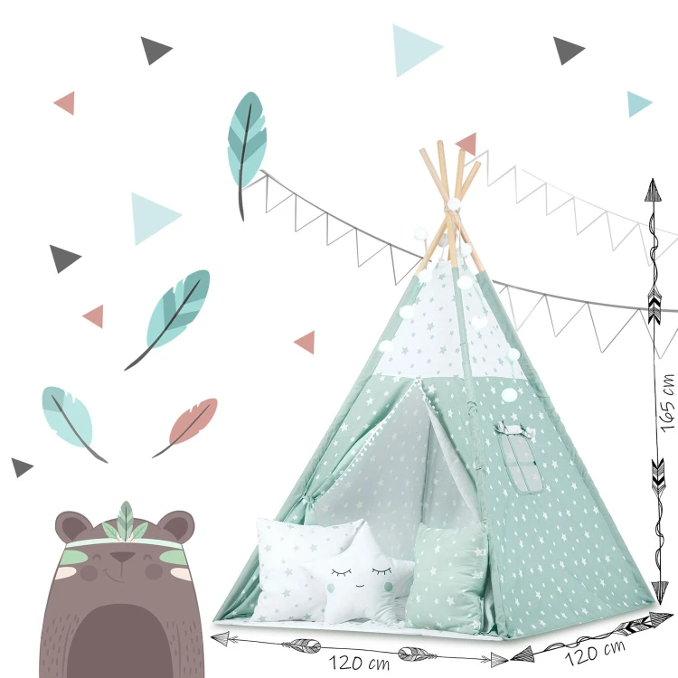 Indiański Namiot Tipi dla Dzieci – Bawełniany Wigwam z Matą i Akcesoriami 120 × 120 × 165 cm- miętowy w gwiazdki