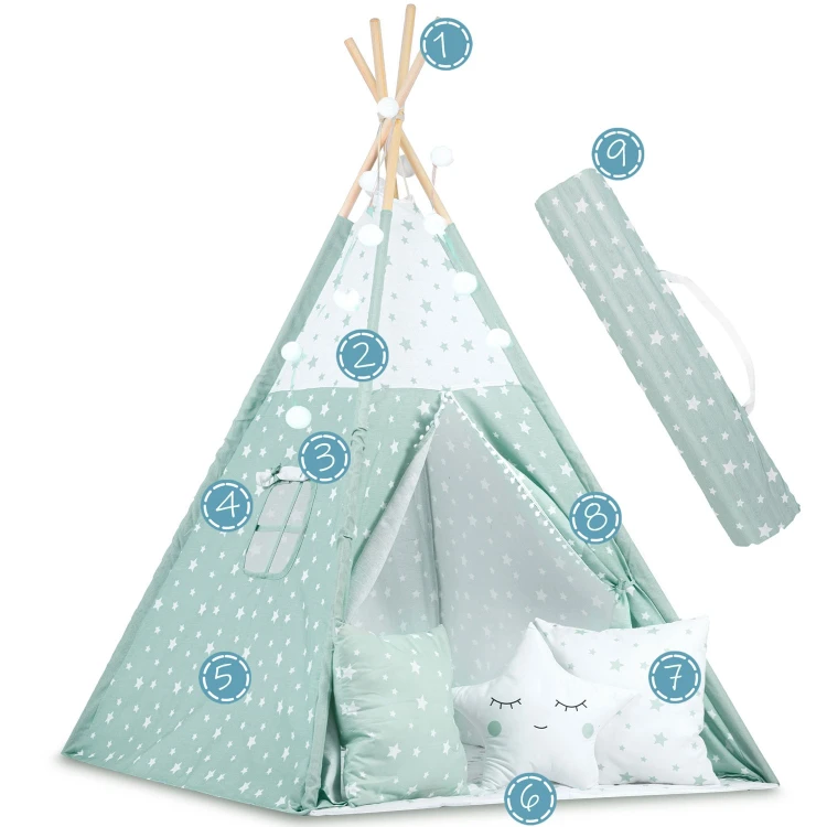 Indiański Namiot Tipi dla Dzieci – Bawełniany Wigwam z Matą i Akcesoriami 120 × 120 × 165 cm- miętowy w gwiazdki