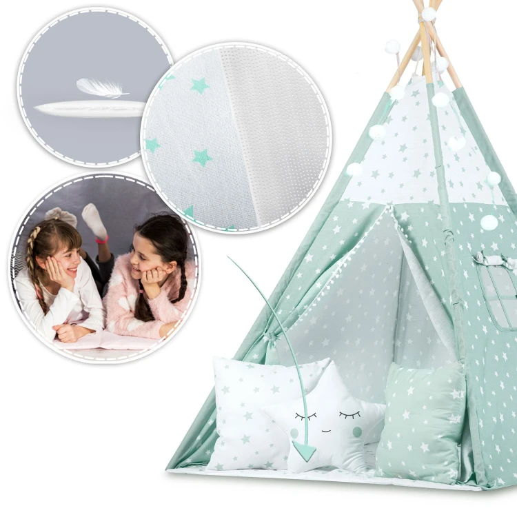 Indiański Namiot Tipi dla Dzieci – Bawełniany Wigwam z Matą i Akcesoriami 120 × 120 × 165 cm- miętowy w gwiazdki