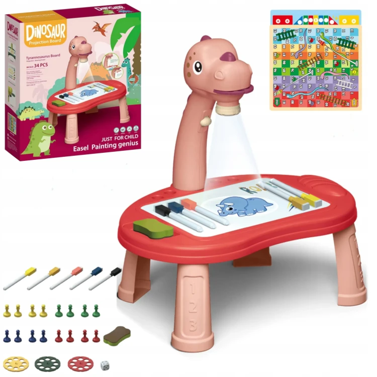 Edukacyjny Projektor LED do Rysowania Dinozaur T-Rex – Stolik i Gry Planszowe 3w1