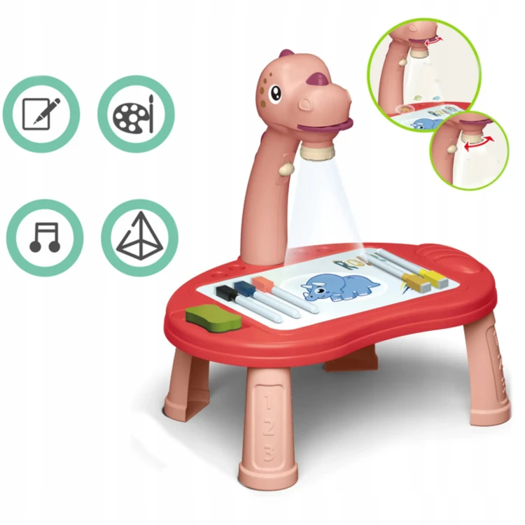 Edukacyjny Projektor LED do Rysowania Dinozaur T-Rex – Stolik i Gry Planszowe 3w1