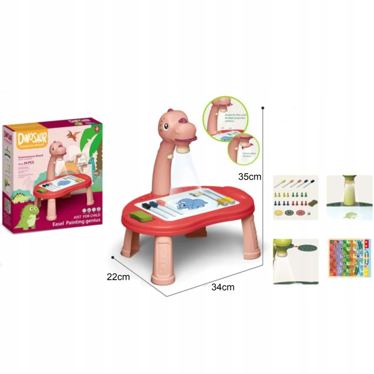 Edukacyjny Projektor LED do Rysowania Dinozaur T-Rex – Stolik i Gry Planszowe 3w1