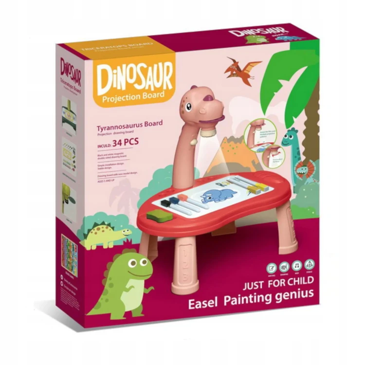 Edukacyjny Projektor LED do Rysowania Dinozaur T-Rex – Stolik i Gry Planszowe 3w1