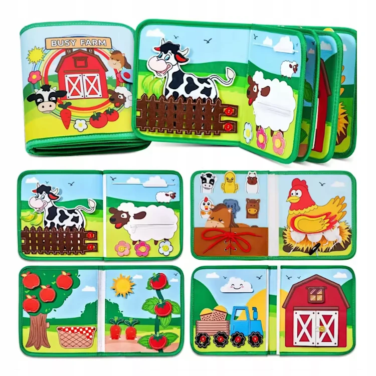 Filcowa książeczka  odczepiane elementy na rzepy farna zwierzeta Montessori  dla dzieci w wieku 2+