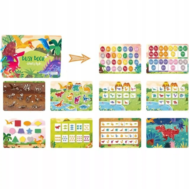 Książeczka edukacyjna dinozaury puzzle na rzep do nauki alfabetu i kształtów Montessori dla dzieci w wieku 3+