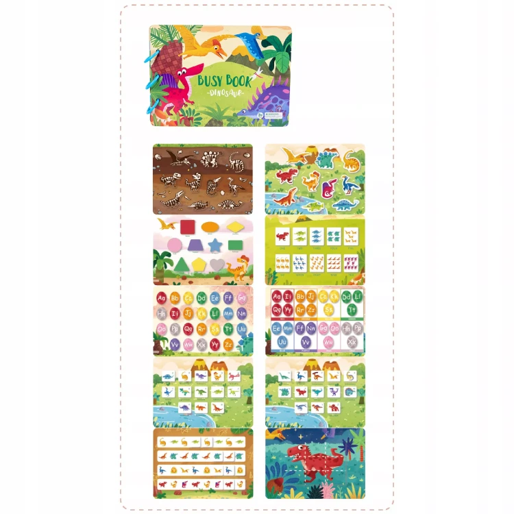 Książeczka edukacyjna dinozaury puzzle na rzep do nauki alfabetu i kształtów Montessori dla dzieci w wieku 3+