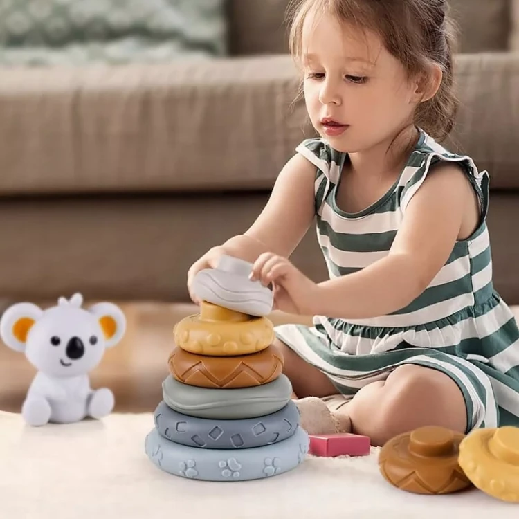 Miękkie gumowe klocki sensoryczne Montessori wieża piramida 13 elementów dla dzieci w wieku 6m+