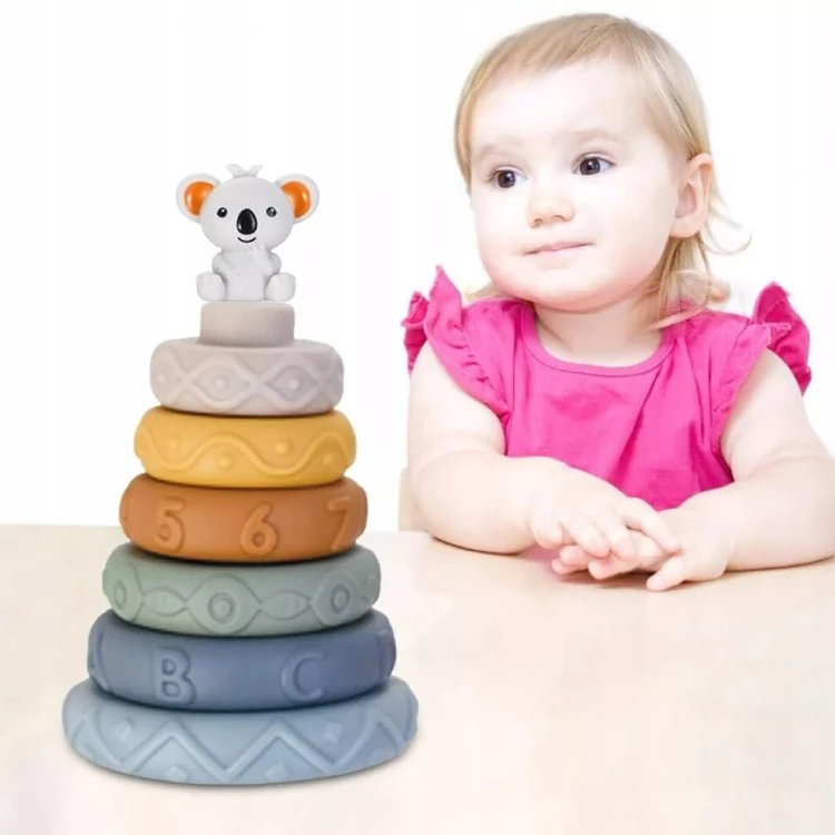 Miękkie gumowe klocki sensoryczne Montessori wieża piramida 13 elementów dla dzieci w wieku 6m+
