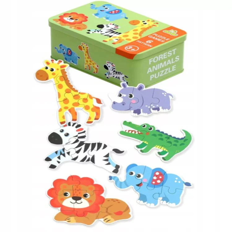 Moje Pierwsze Grube Puzzle Zwierzęta Safari – Zestaw 6 Układanek w Metalowej Puszce od 3+