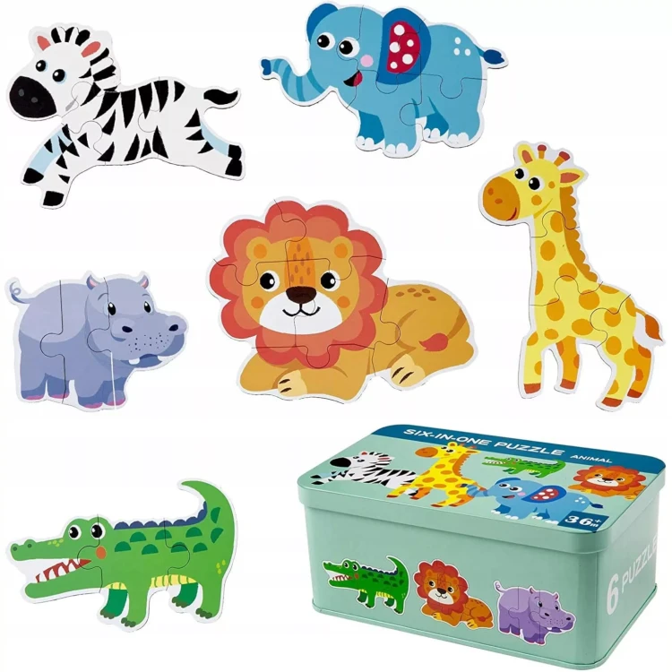 Moje Pierwsze Grube Puzzle Zwierzęta Safari – Zestaw 6 Układanek w Metalowej Puszce od 3+