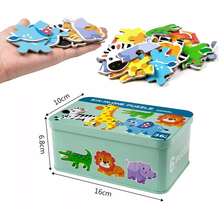 Moje Pierwsze Grube Puzzle Zwierzęta Safari – Zestaw 6 Układanek w Metalowej Puszce od 3+