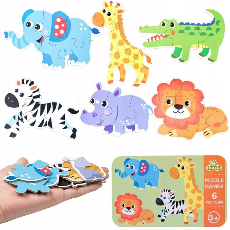 Moje Pierwsze Grube Puzzle Zwierzęta Safari – Zestaw 6 Układanek w Metalowej Puszce od 3+